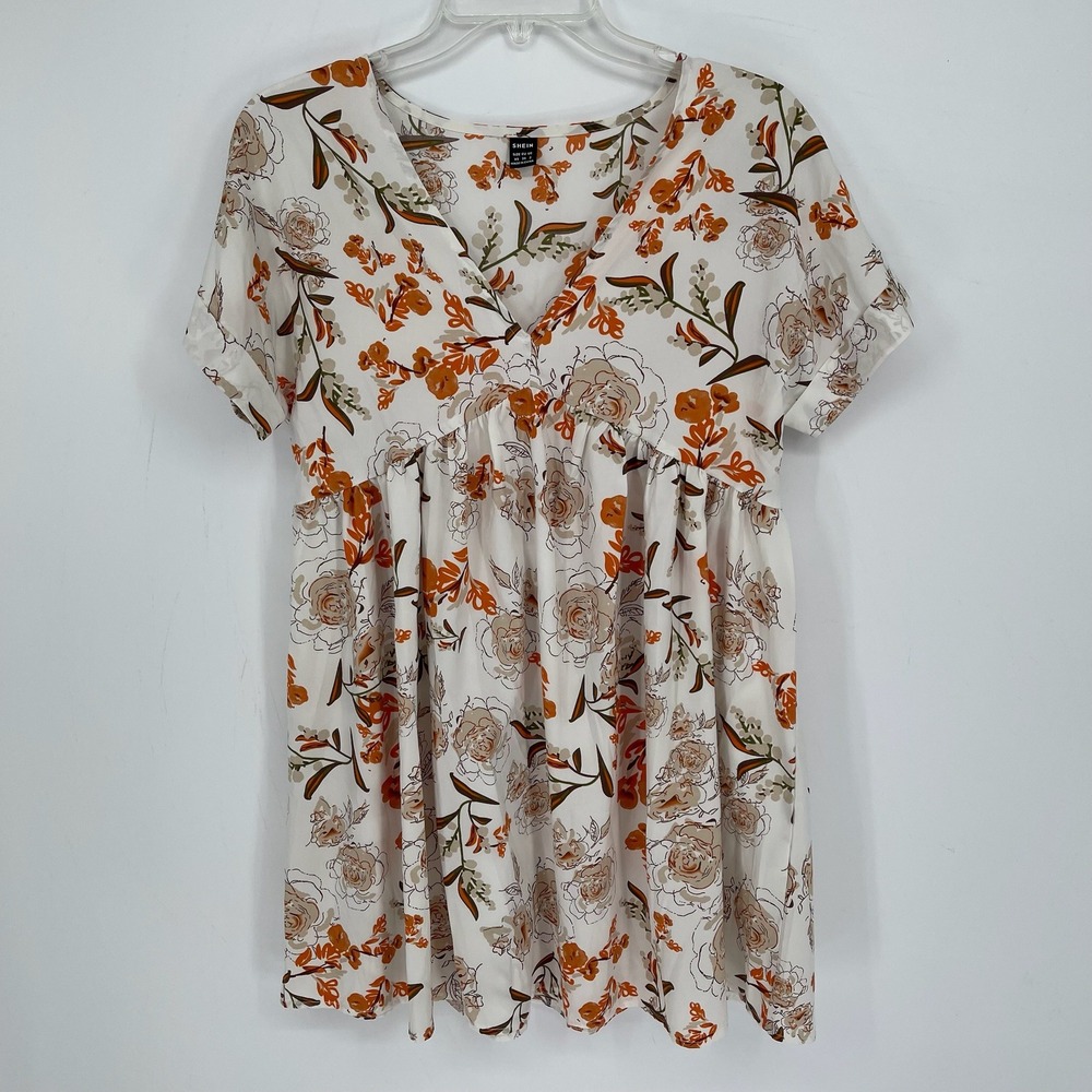 SHEIN Women's White Floral Babydoll V-Neck Short Sleeve Spring Blouse Size XS
